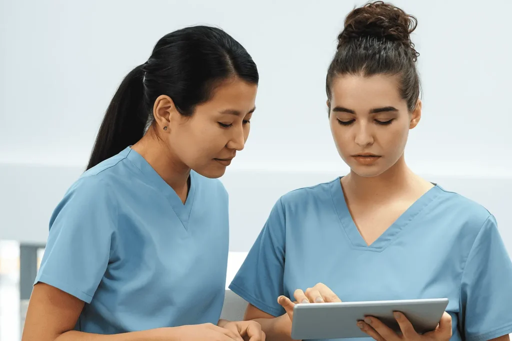 Two professional NDIS nurses in blue scrubs performing nursing Home Services in Sydney.