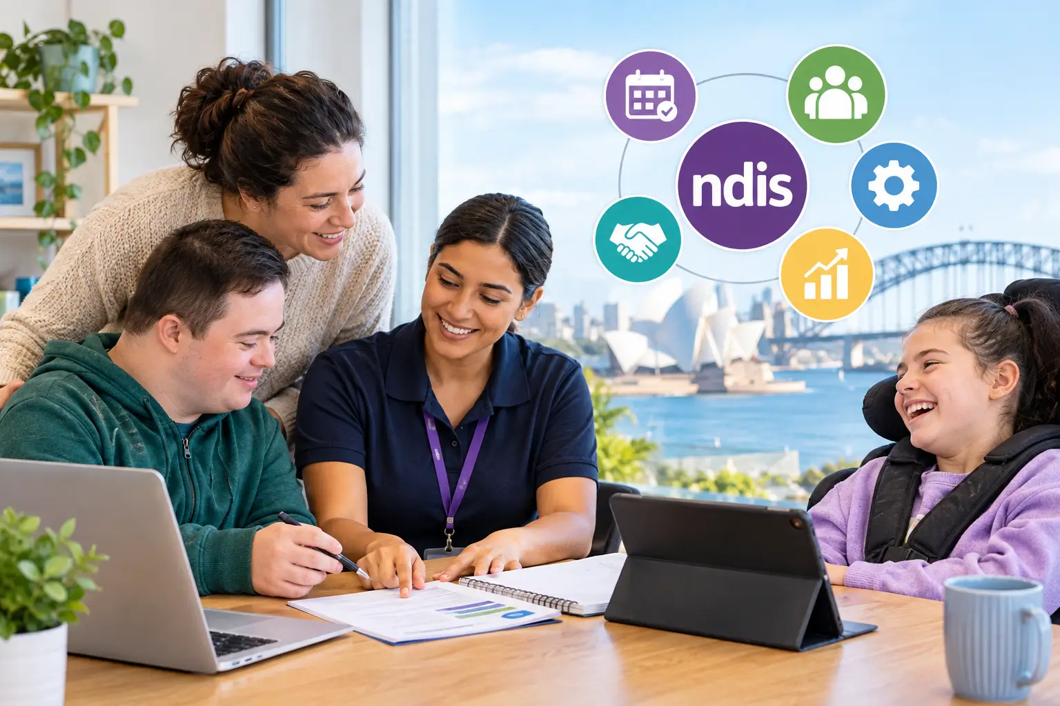 A support worker and an adult participant sitting at a kitchen table in a Sydney home, looking over printed plan papers together of NDIS Changes 2026.